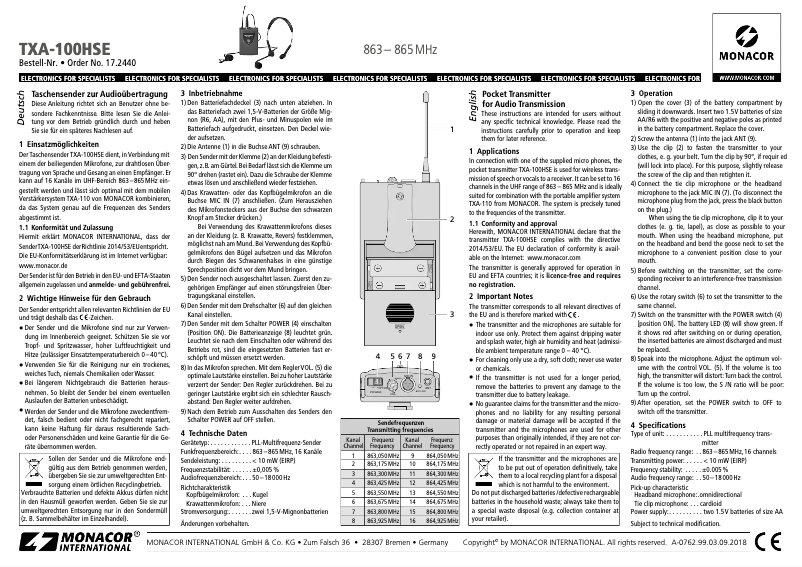 Page 1 de la notice Manuel utilisateur Monacor TXA-100HSE