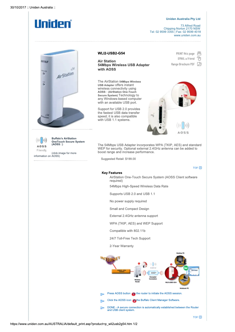 Page 1 de la notice Manuel utilisateur Uniden WLI2-USB2-G54