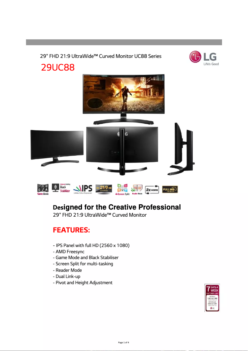 Page 1 de la notice Fiche technique LG 29UC88-B
