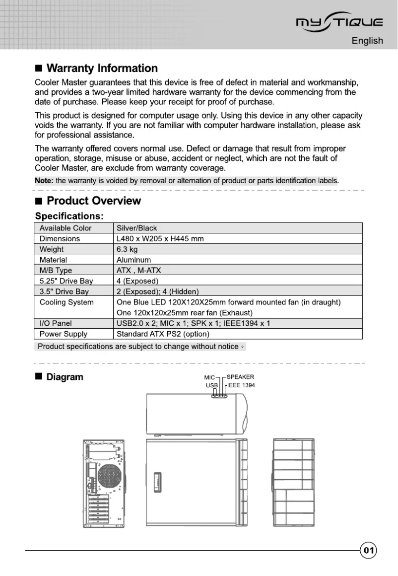 Page 1 de la notice Manuel utilisateur Cooler Master Mystique 631