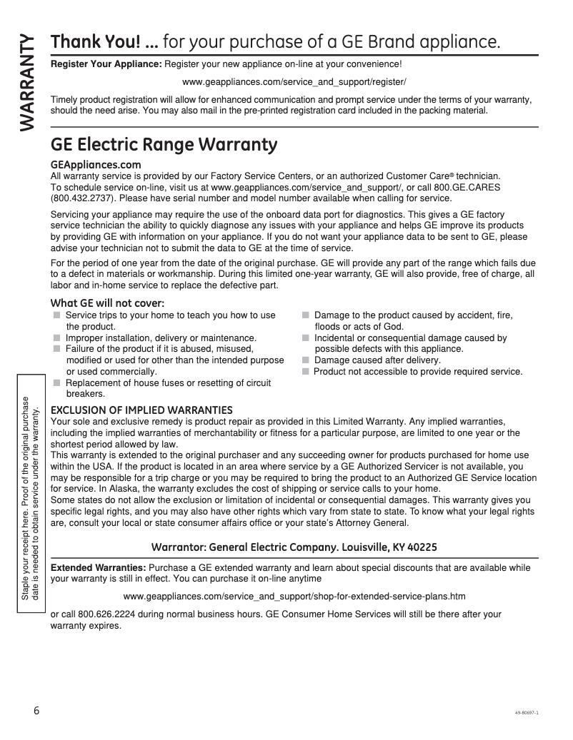 Página 1 del manual Información de garantía GE Profile PT7800SHSS