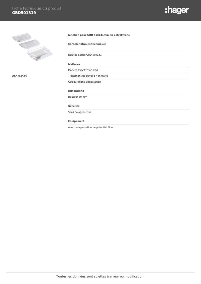 Page 1 de la notice Fiche technique Hager GBD501319