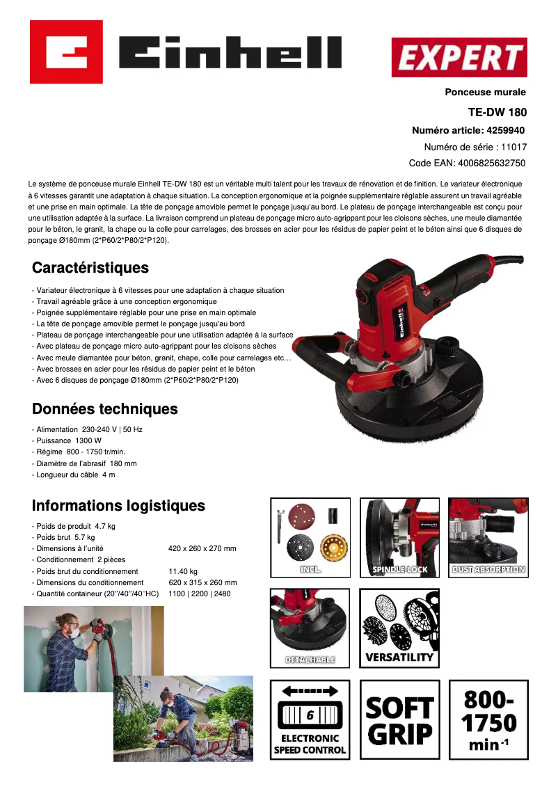 Página 1 del manual Ficha técnica Einhell TE-DW 180