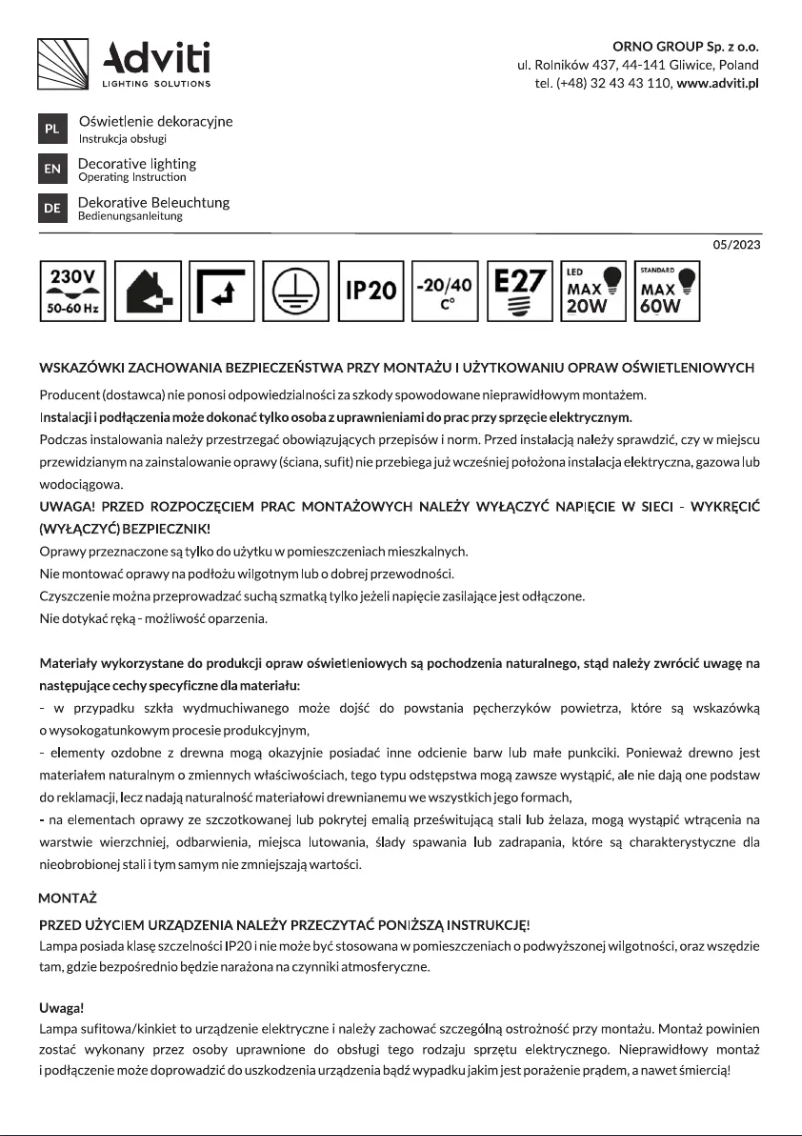 Page 1 de la notice Manuel utilisateur Adviti AD-LD-6376BE27M