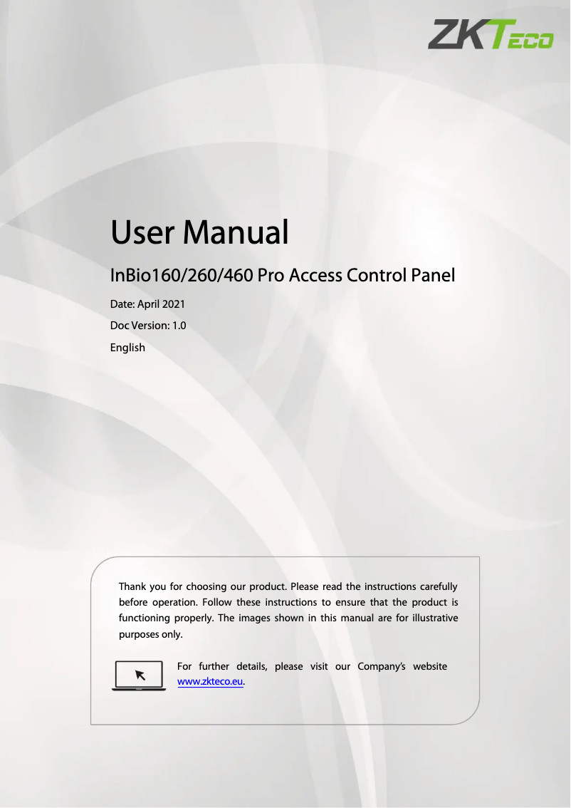 Page 1 de la notice Manuel utilisateur ZKTeco InBio Pro