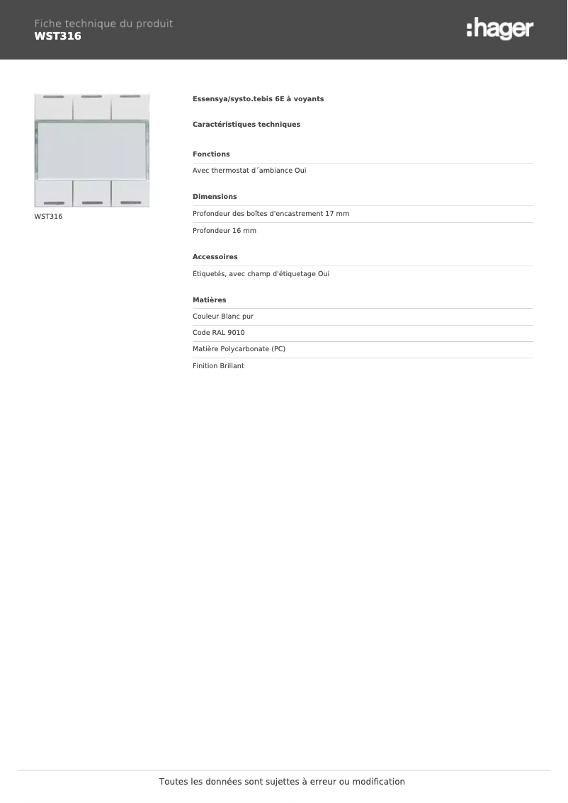 Página 1 del manual Ficha técnica Hager WST316