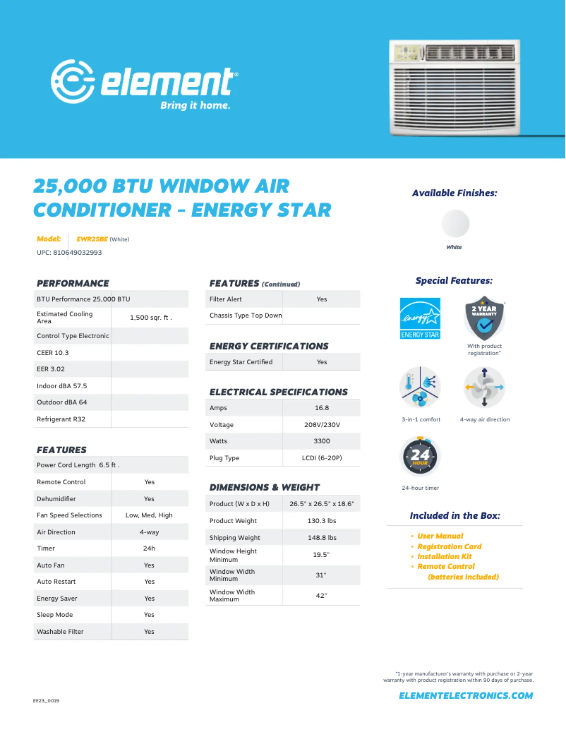 Page 1 de la notice Fiche technique Element EWR25BE
