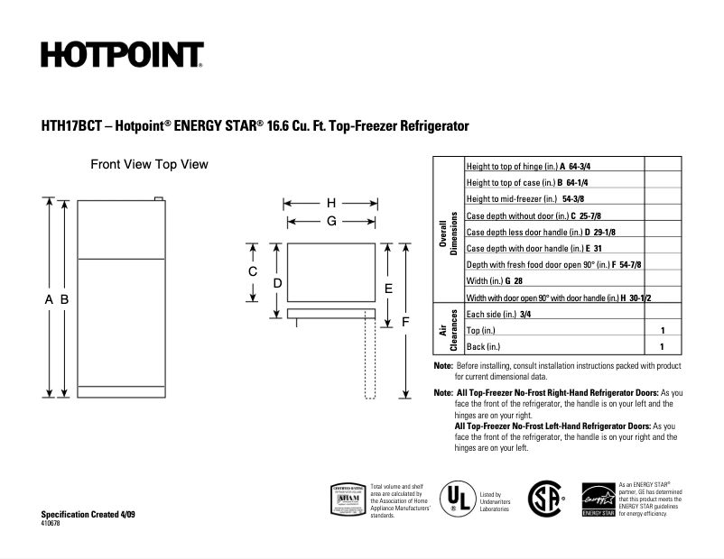 Page 1 de la notice Fiche technique Hotpoint HTH17BCTRWW