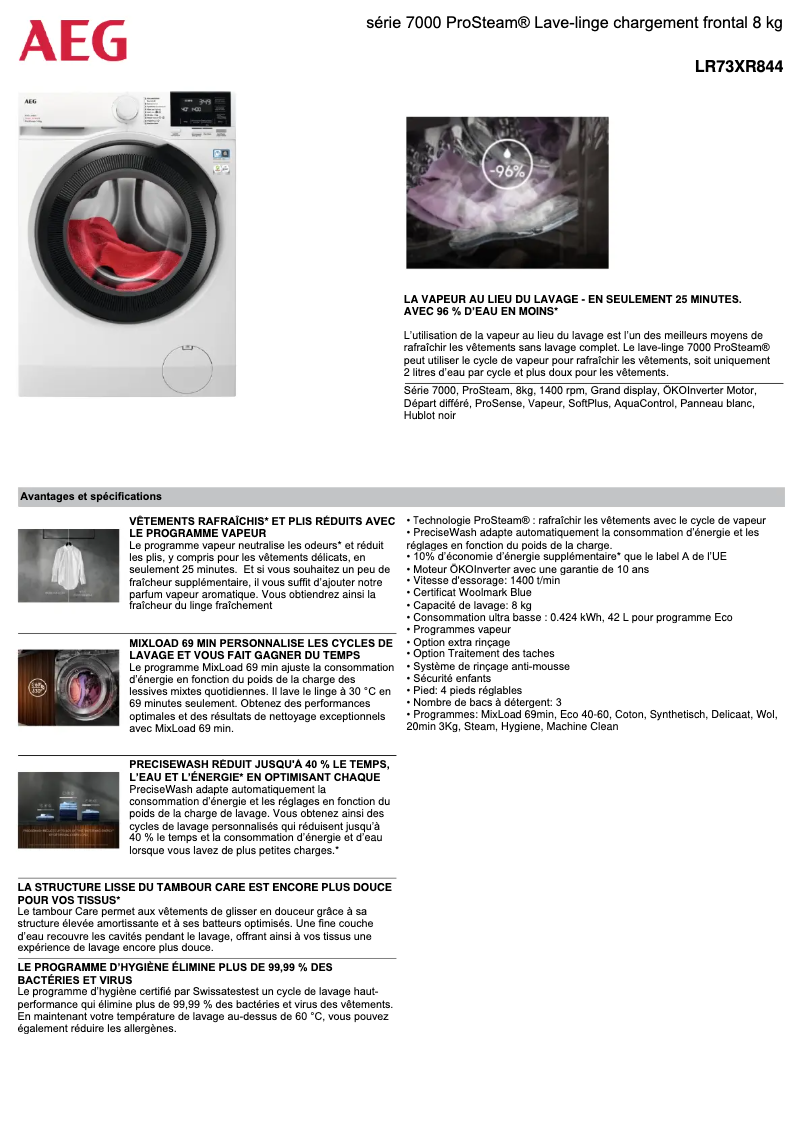 Page 1 de la notice Fiche technique AEG LR73XR844
