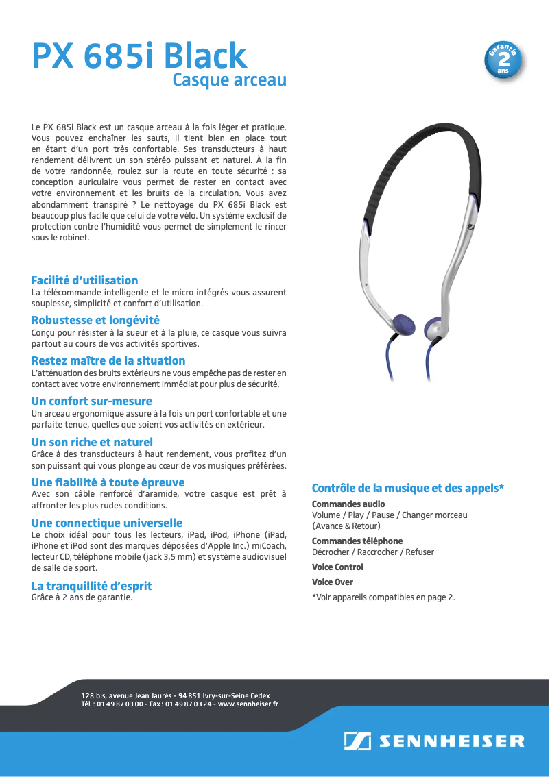 Page 1 de la notice Fiche technique Sennheiser PX 685i SPORTS