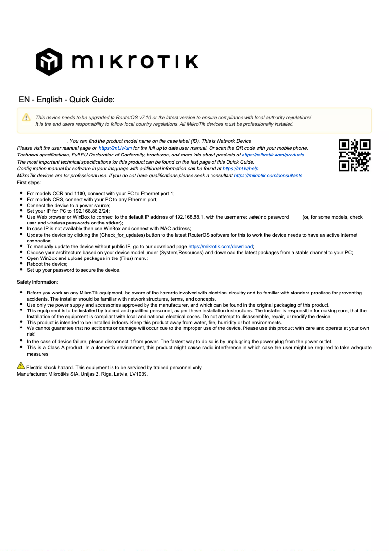 Page 1 de la notice Manuel utilisateur Mikrotik CCR1016-12S-1S+