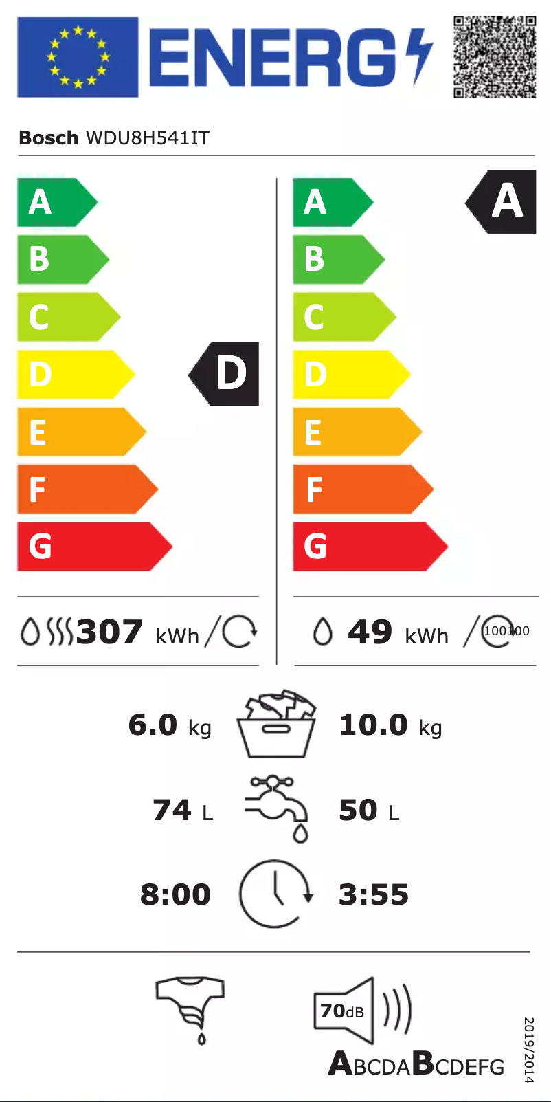 Page 1 de la notice Label énergétique Bosch WDU8H541IT