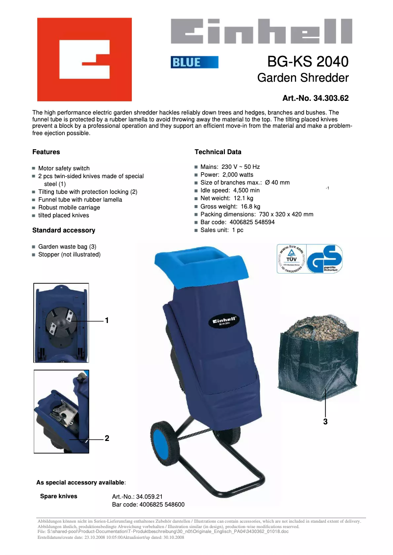 Page 1 of the manual Technical Sheet Einhell BG-KS 2040