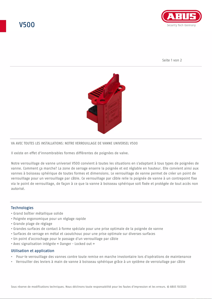 Page 1 de la notice Fiche technique Abus V500