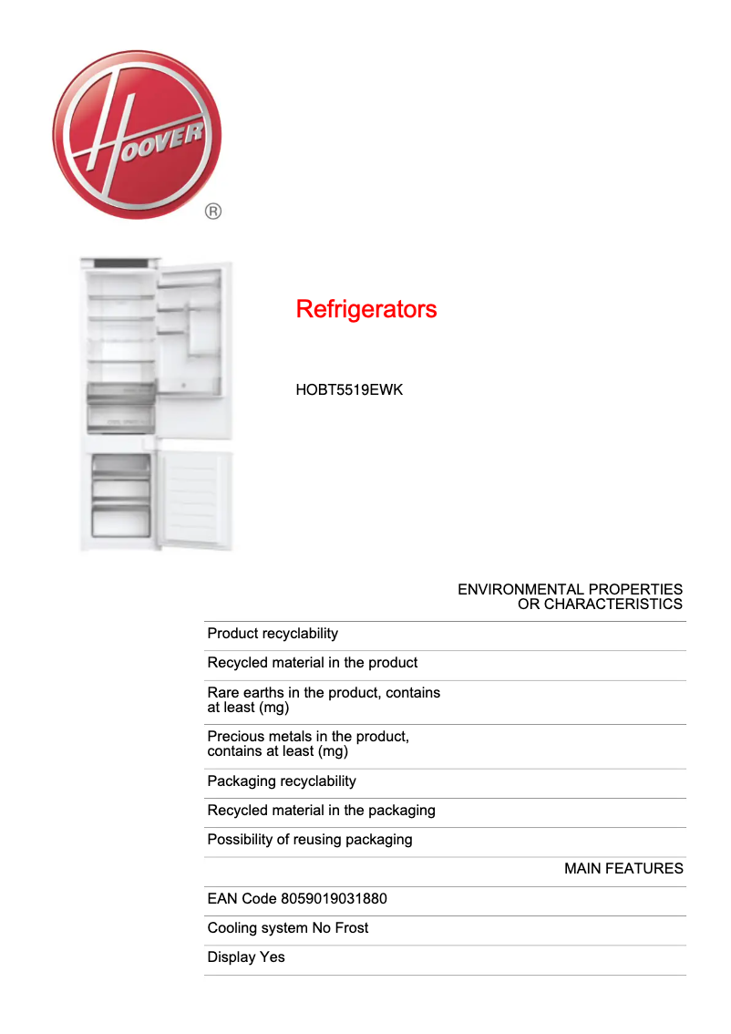 Página 1 del manual Ficha técnica Hoover HOBT5519EWK