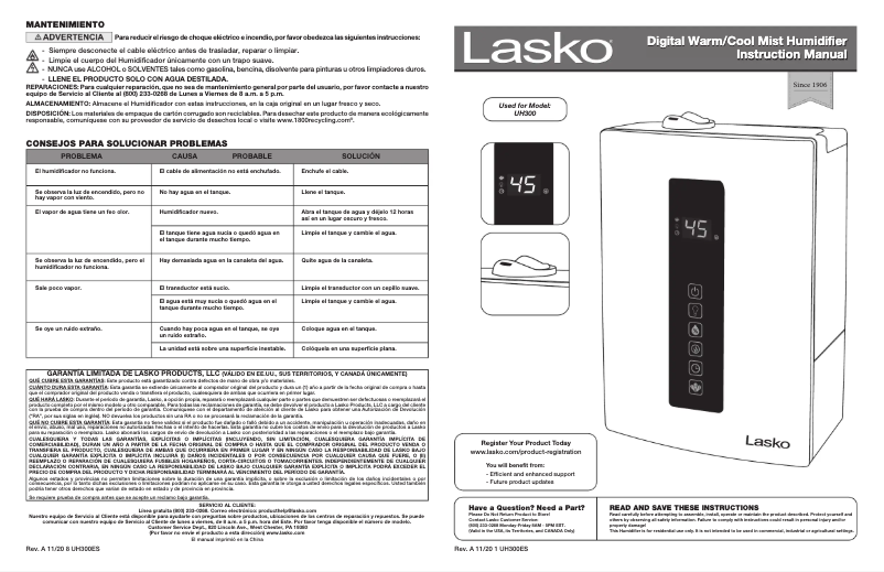 Page 1 of the manual User Manual Lasko Quiet Ultrasonic Digital Warm and Cool Mist UH300
