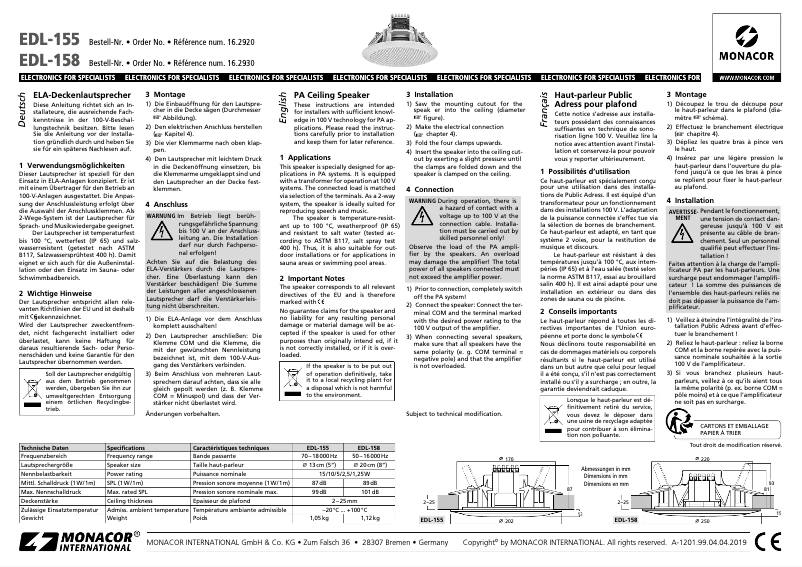 Page 1 de la notice Manuel utilisateur Monacor EDL-158