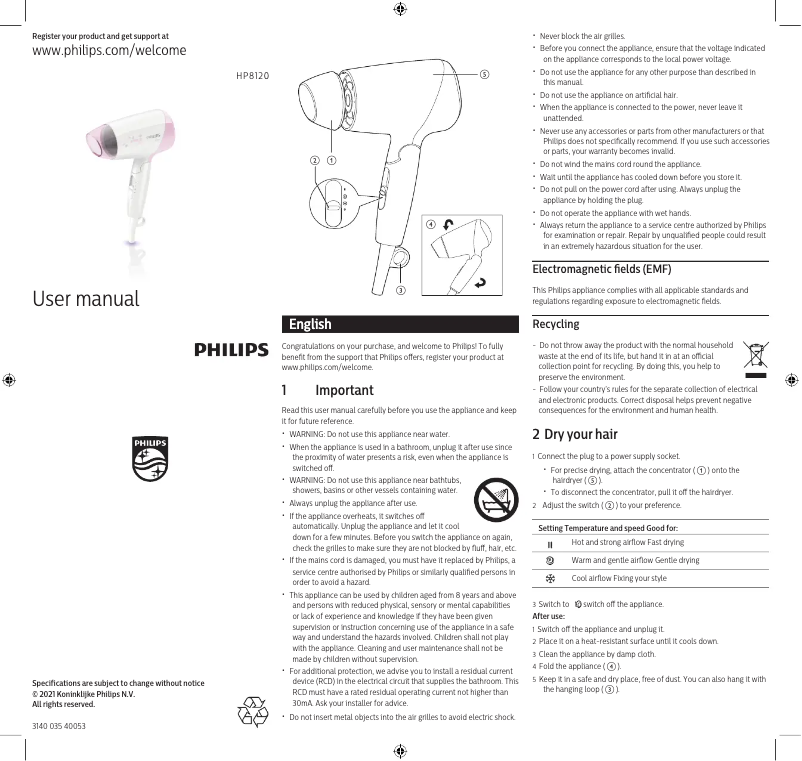 Page 1 de la notice Manuel utilisateur Philips EssentialCare HP8120