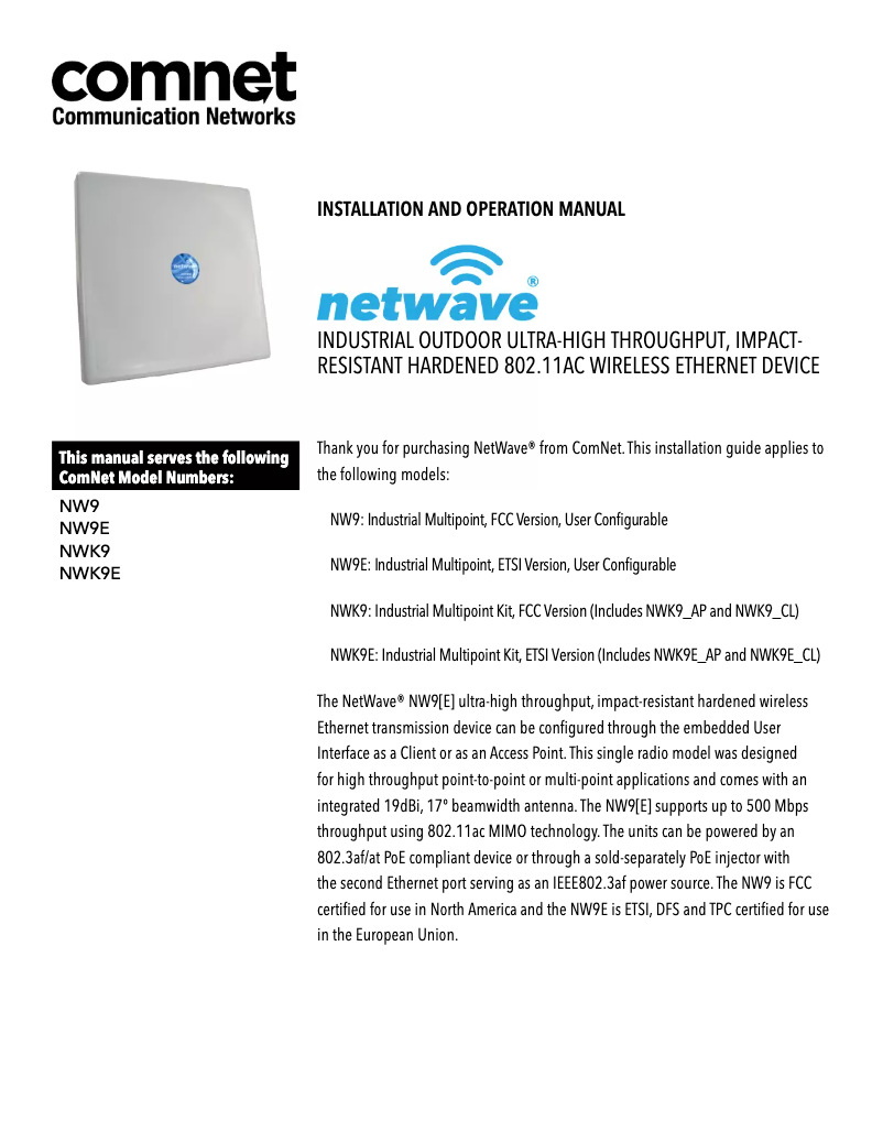Page 1 de la notice Manuel utilisateur ComNet NetWave NW9