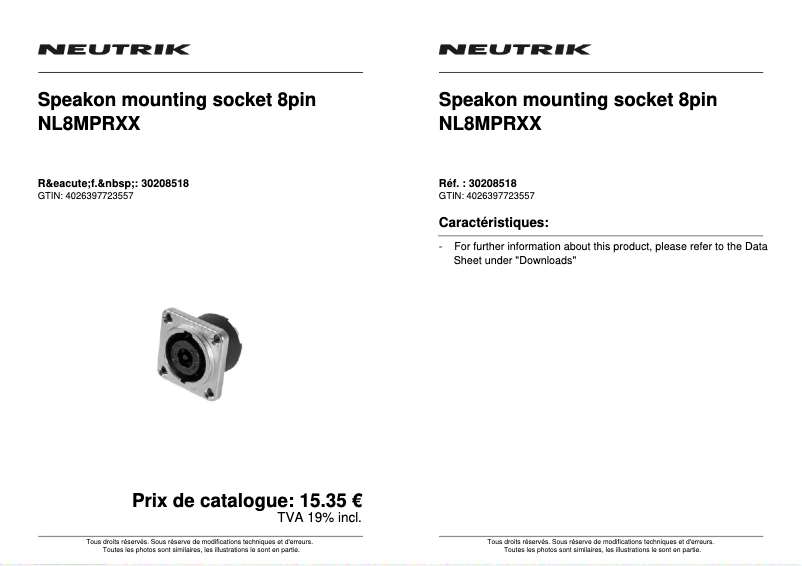 Page 1 de la notice Fiche technique Neutrik Speakon NL8MPRXX