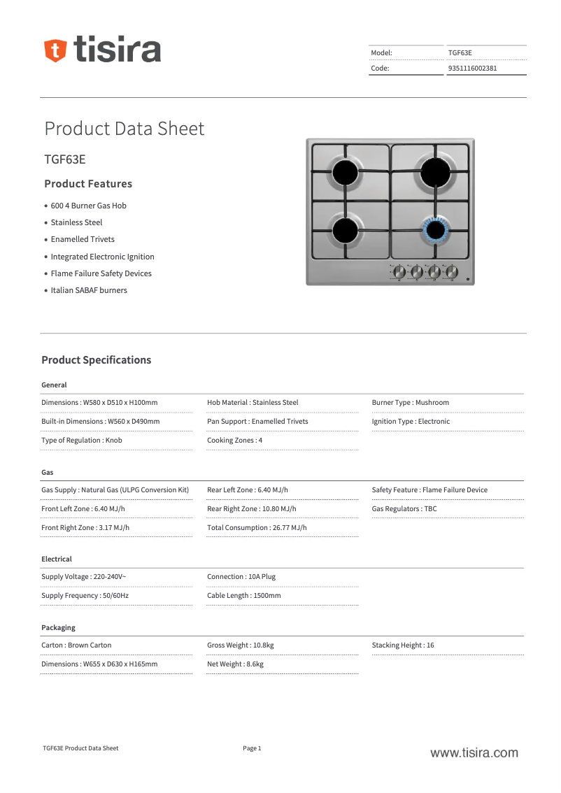 Página 1 del manual Ficha técnica Tisira TGF63E