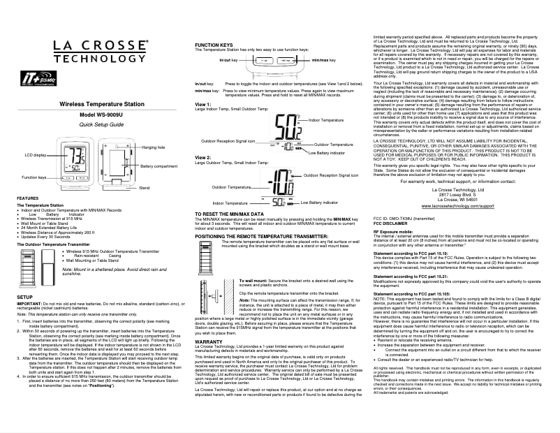 Page 1 de la notice Manuel utilisateur La Crosse Technology WS-9009BK-IT