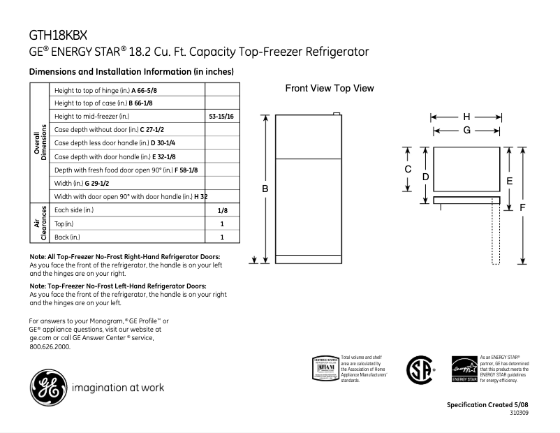 Page n°1 - Fiche technique GE GTH18KBXBB