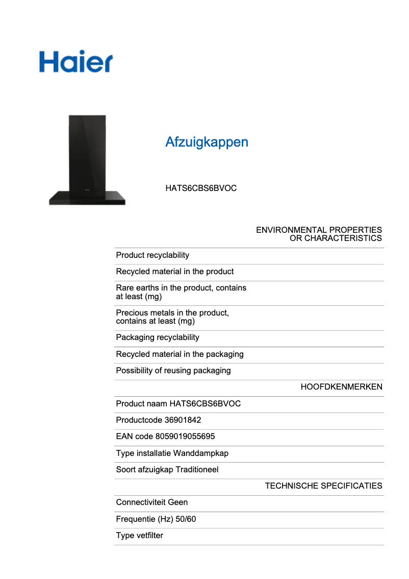 Page 1 de la notice Fiche technique Haier HATS6CBS6BVOC