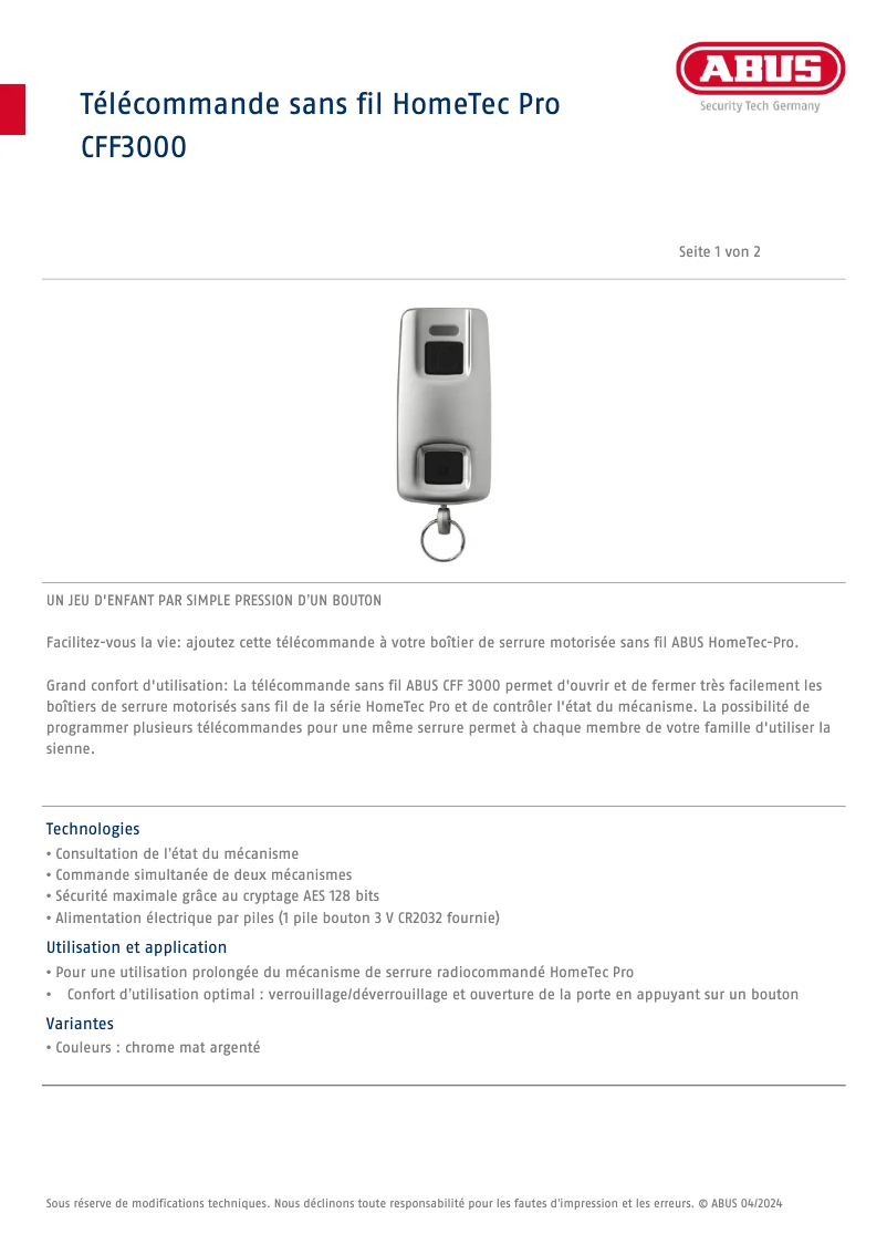 Page 1 de la notice Fiche technique Abus CFF3000