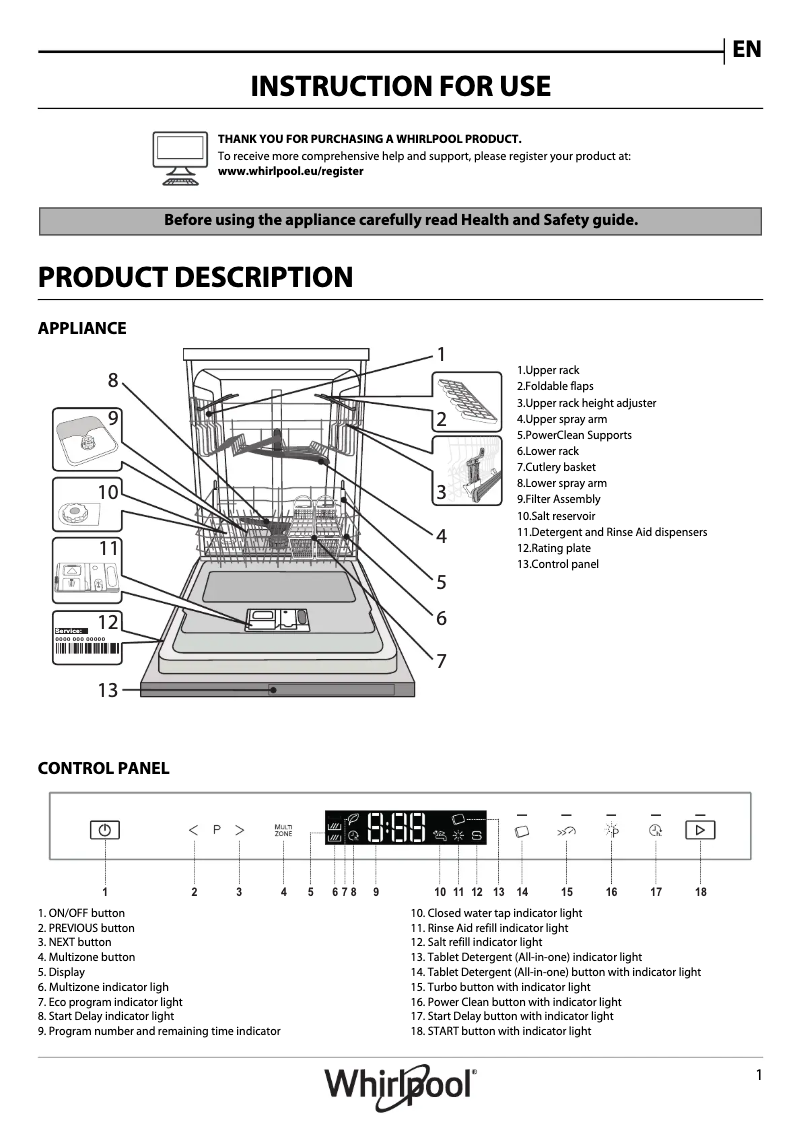 Page 1 de la notice Manuel utilisateur Whirlpool WIP 4O32 PT