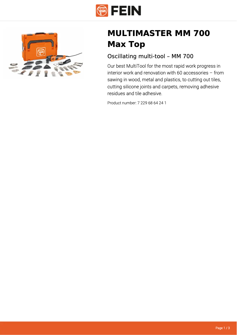 Page 1 de la notice Fiche technique Fein Multimaster MM 700 Max Top