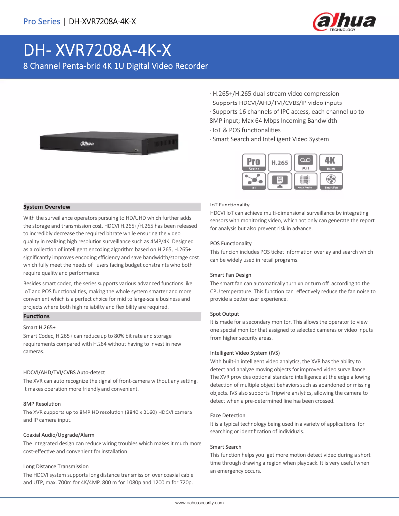 Page 1 de la notice Fiche technique Dahua Technology XVR7208A-4K-X