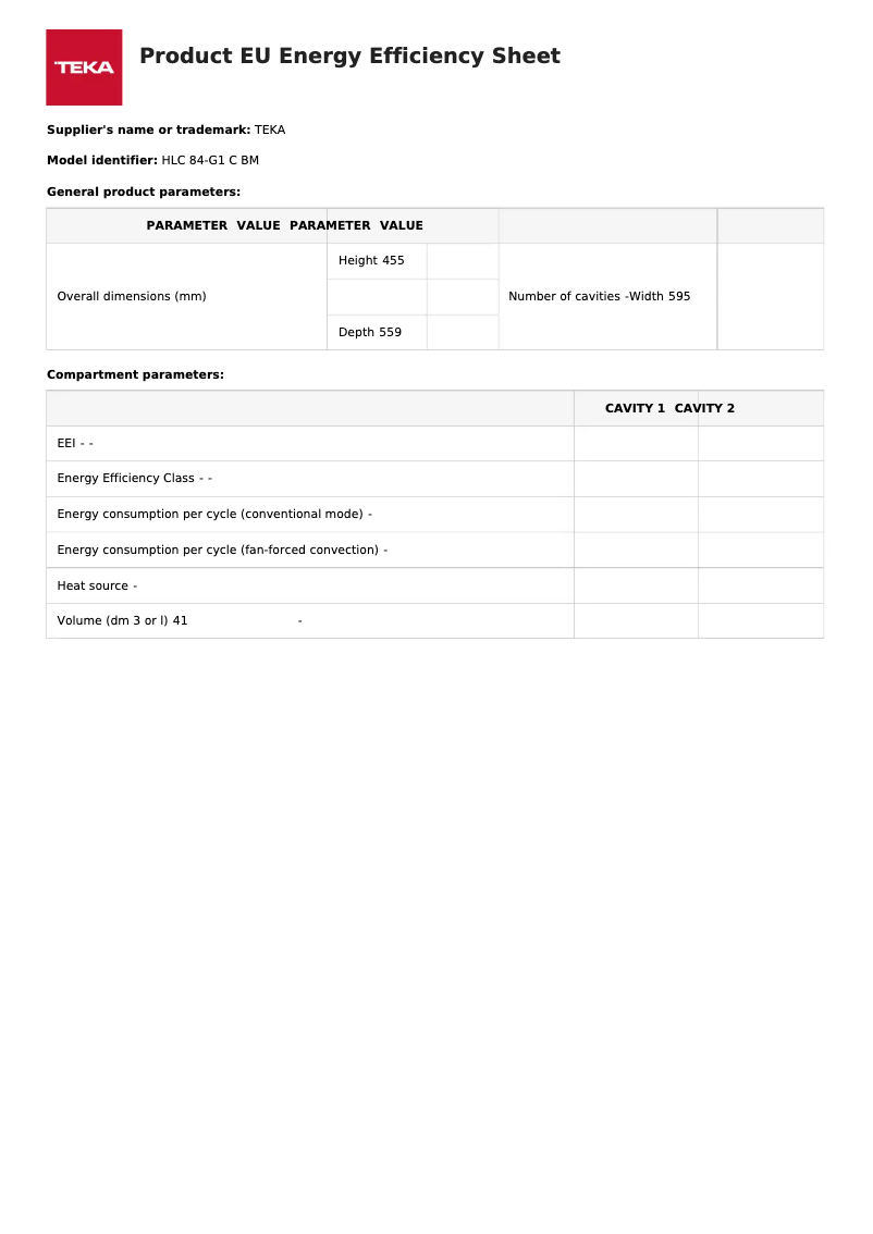 Page 1 de la notice Fiche technique Teka HLC 84-G1 C