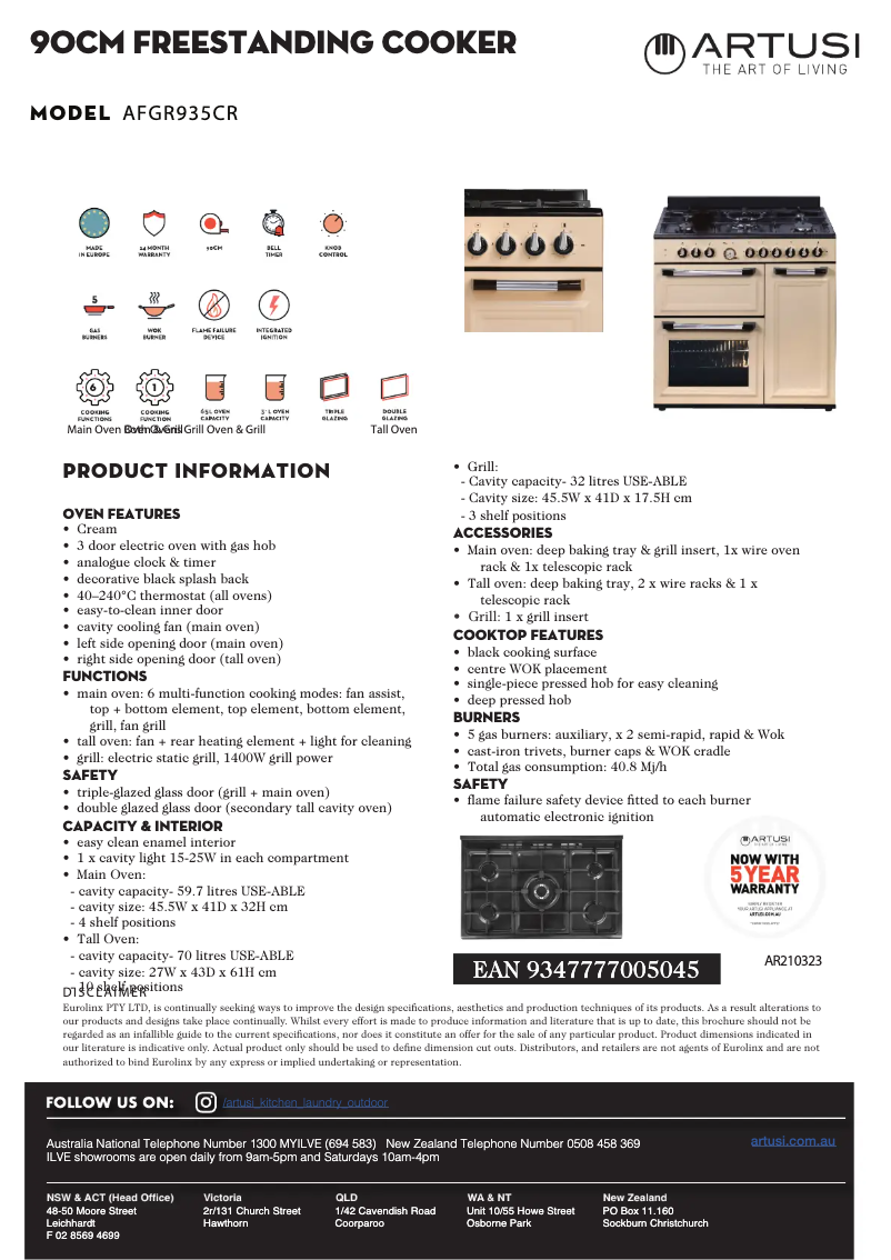 Page 1 de la notice Fiche technique Artusi AFGR935CR