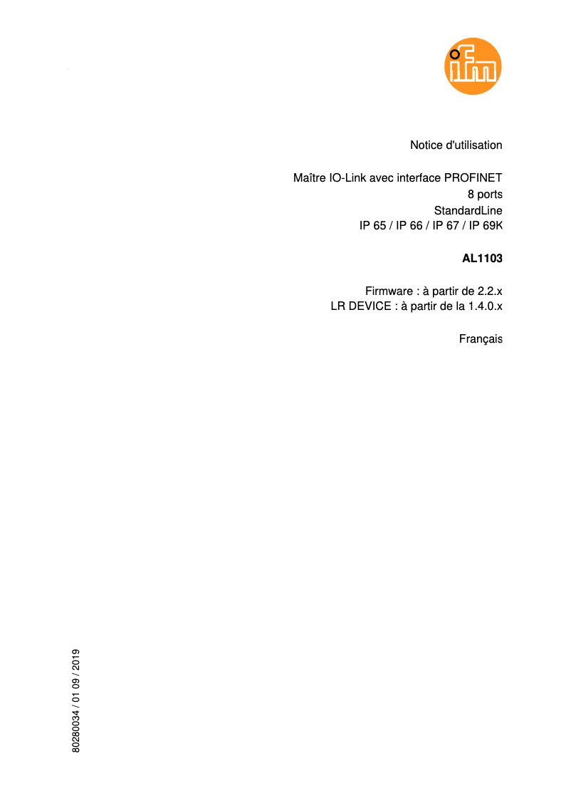 Page 1 de la notice Manuel utilisateur IFM AL1103