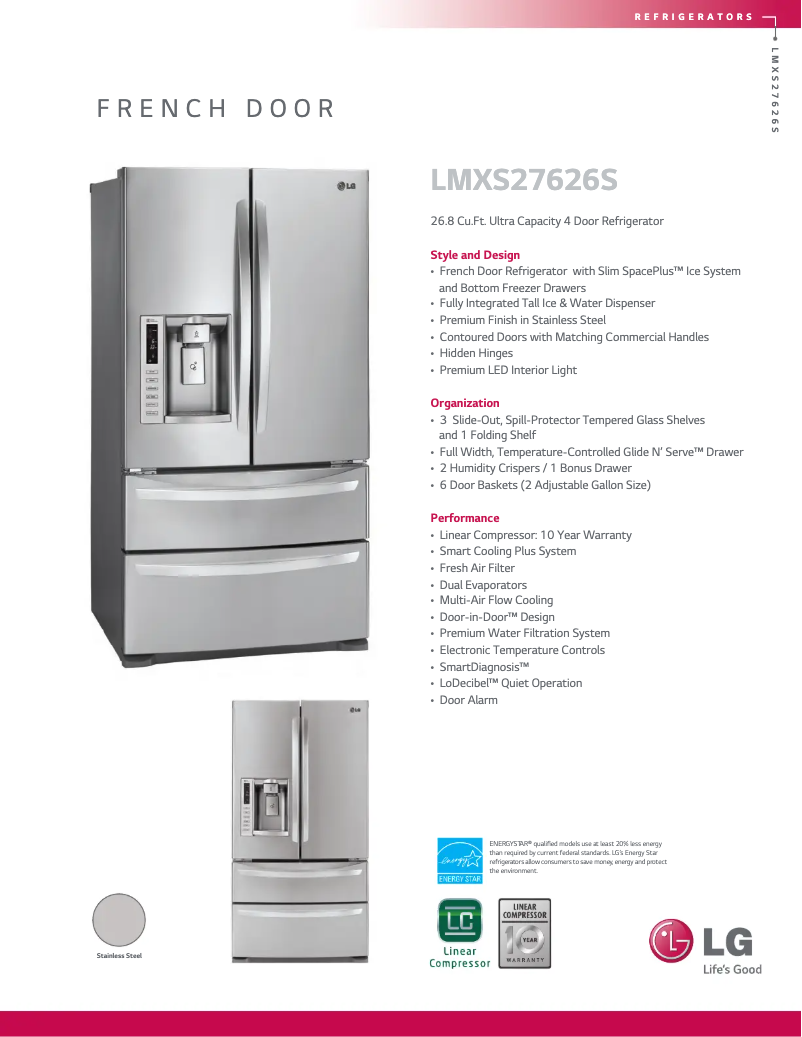 Page 1 de la notice Fiche technique LG LMXS27626S