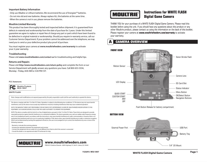 Page 1 de la notice Manuel utilisateur Moultrie White Flash
