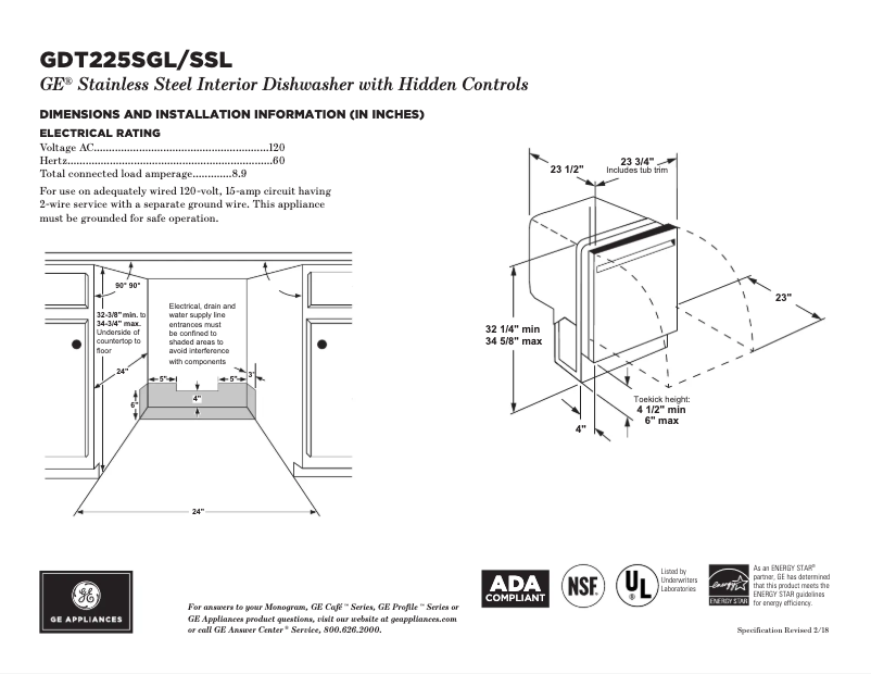 Page 1 of the manual Technical Sheet GE GDT225SGLWW