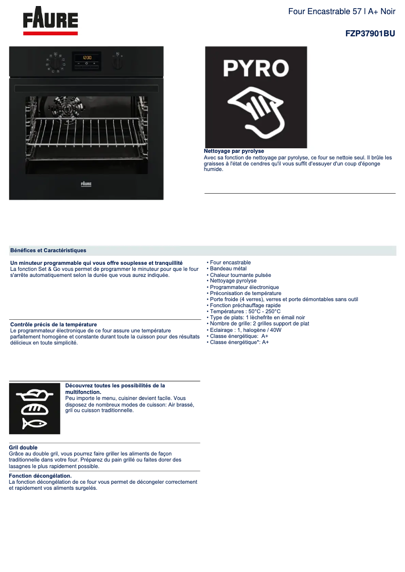 Page 1 de la notice Fiche technique Faure FZP37901BU