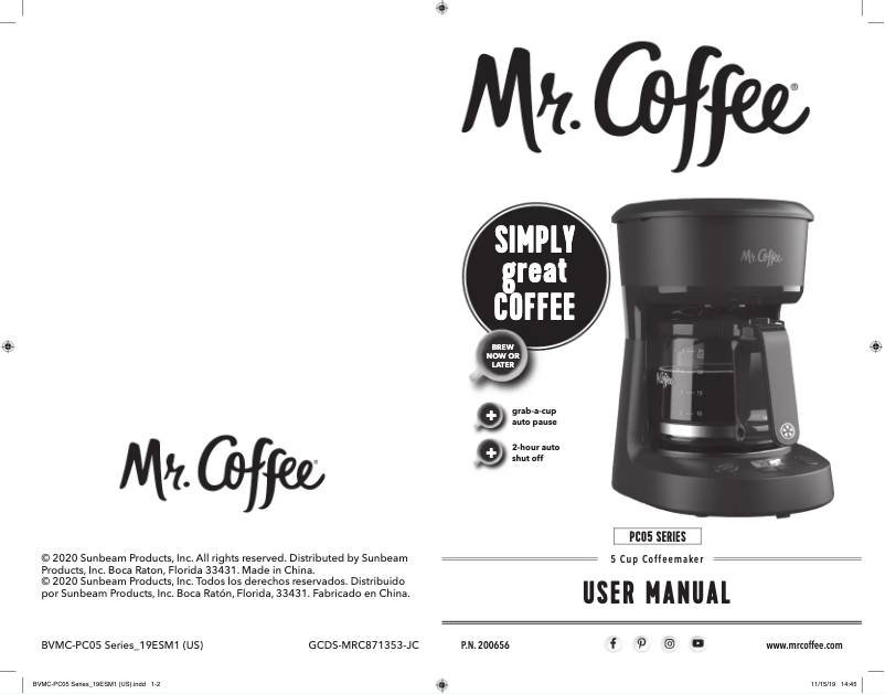 Page 1 de la notice Manuel utilisateur Mr. Coffee 5-Cup