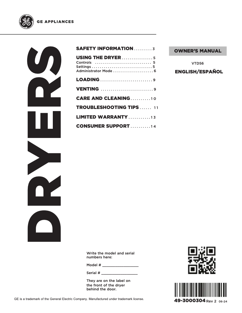 Página 1 del manual Manual de uso y mantenimiento GE VTD56GASVWB