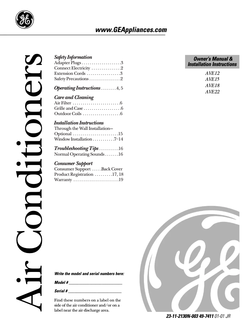 Page n°1 - Guide d'installation GE AVE15DB