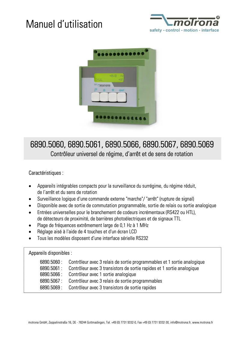 Page 1 de la notice Manuel utilisateur Motrona 6890.5060