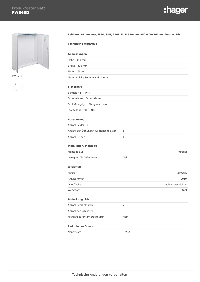 Página 1 del manual Ficha técnica Hager FWB63D