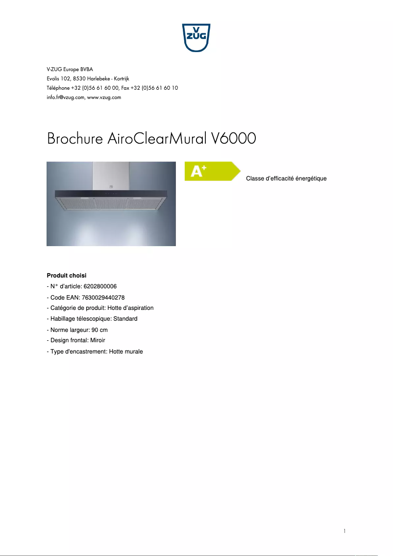 Page 1 of the manual Brochure V-Zug AiroClearMural V6000