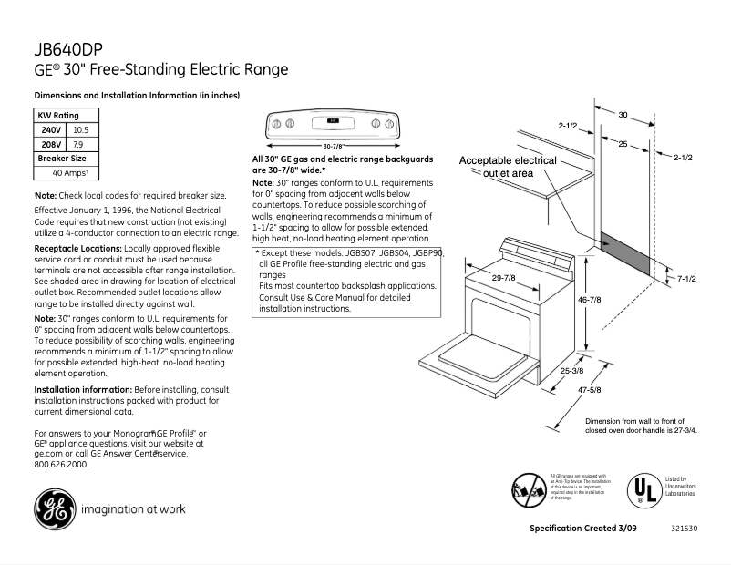 Page n°1 - Fiche technique GE JB640DPCC
