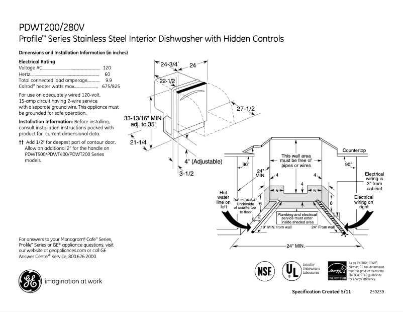 Page n°1 - Fiche technique GE Profile PDWT200VWW