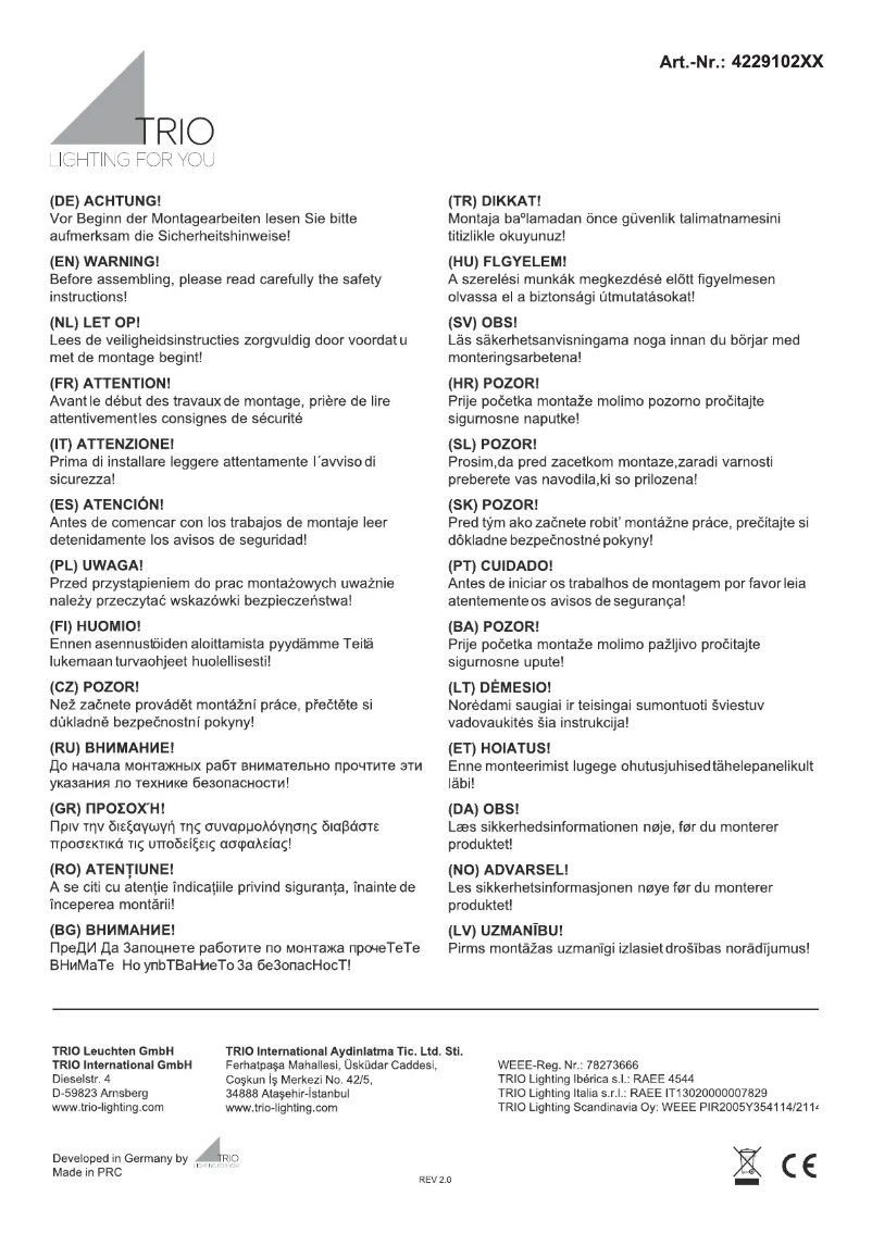 Page 1 de la notice Manuel utilisateur Trio Lighting Varese 422910207