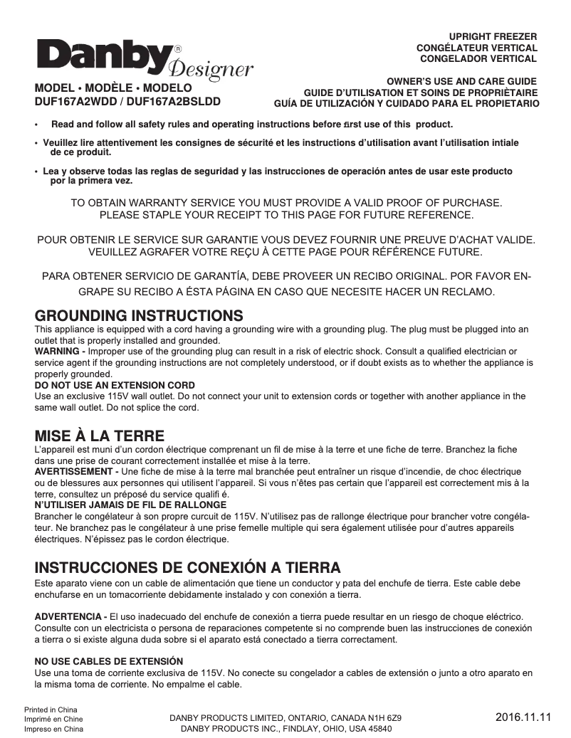 Page 1 de la notice Manuel utilisateur Danby DUF167A2WDD