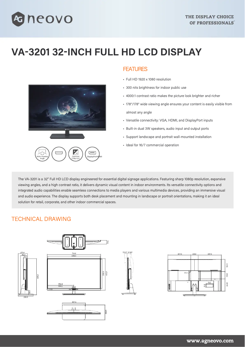 Page 1 de la notice Fiche technique AG Neovo VA-3201